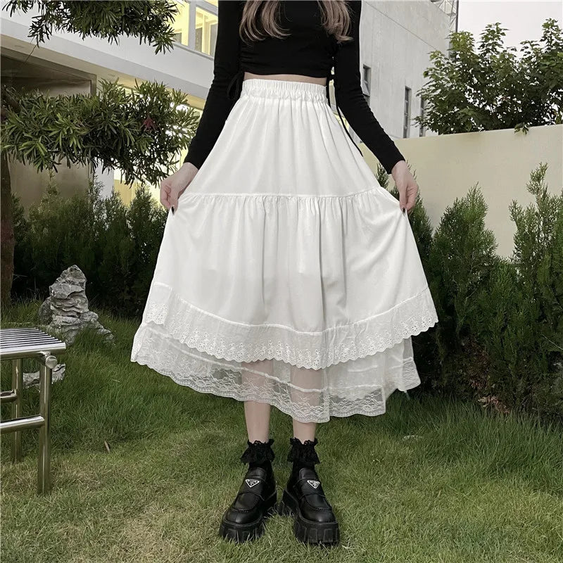 Gothic Tulle Pleated Skirt Black Lace Stitching Irregular Midi Skirt Women Vintage High Waist Long Skirt Korea Solid Hip Hop