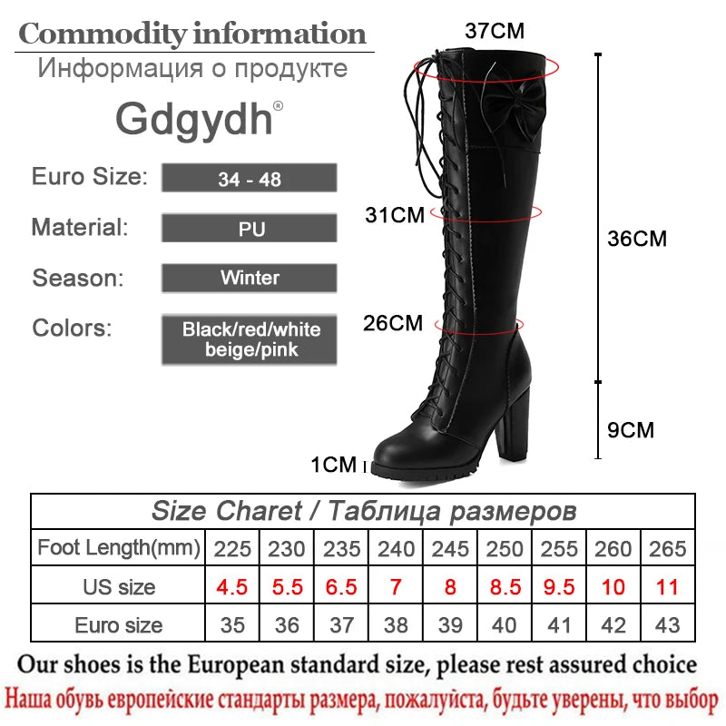 Women Knee-High Motorcycle Boots Thick Heel Platform Bow-knot Female Wedding Boots Plus Size 48 Gothic