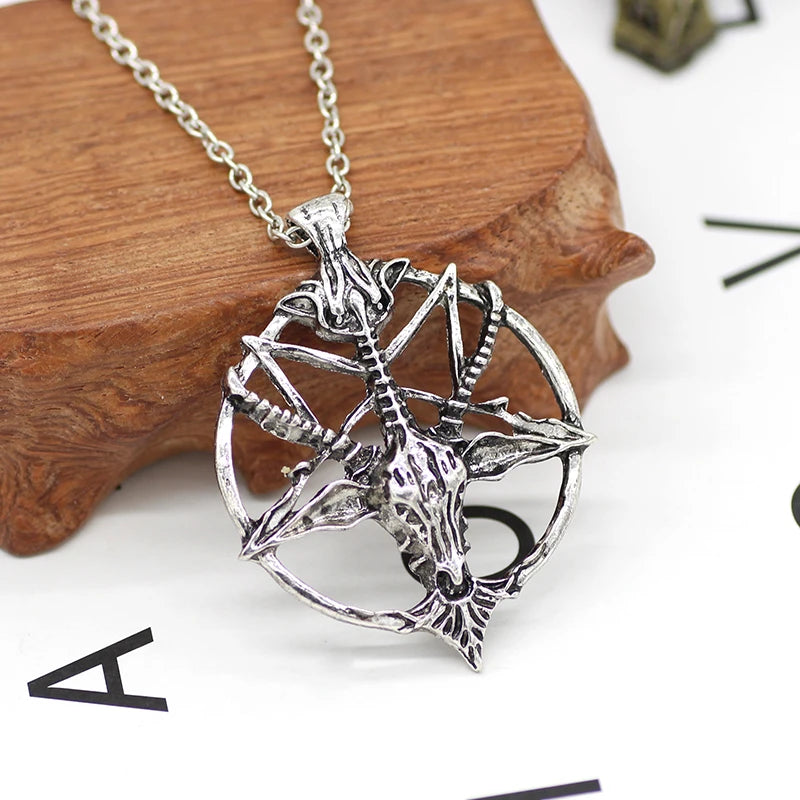 Fashion Vintage Women Men Pentagram Pan God Skull Goat Head Pendant Chain Necklace Jewelry