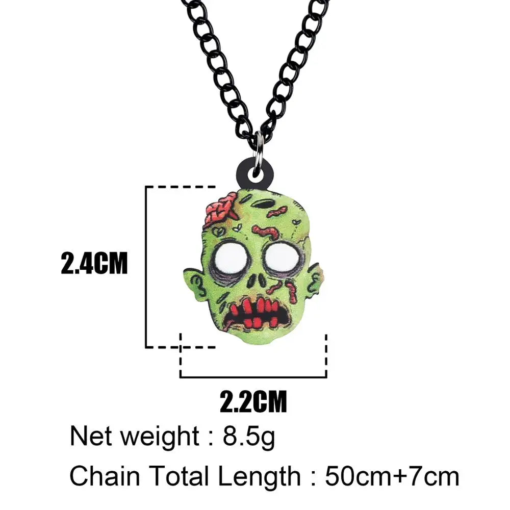 WEVENI Acrylic Halloween Horror Zombie Head Necklace Chain Aesthetic Pendant Jewelry For Women Kids Party Funny Gift Decoration