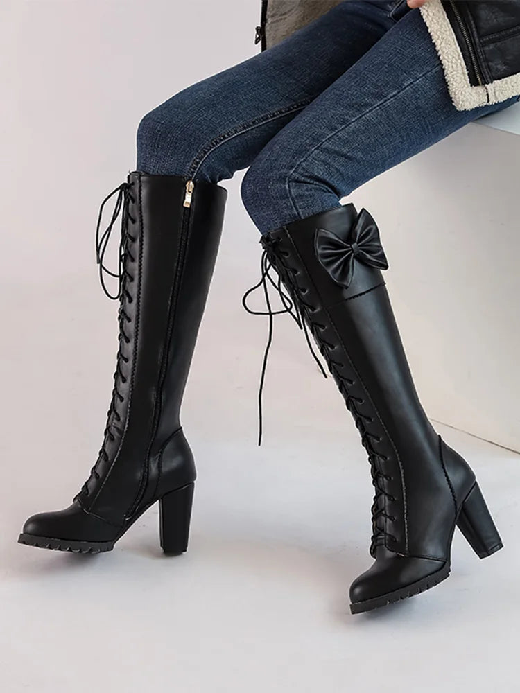 Women Knee-High Motorcycle Boots Thick Heel Platform Bow-knot Female Wedding Boots Plus Size 48 Gothic