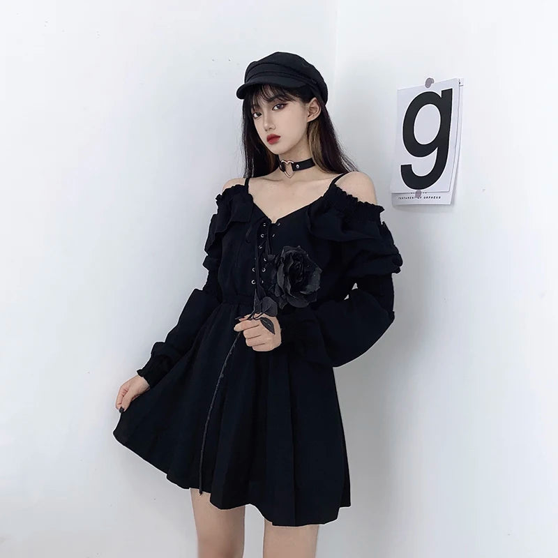 Women Dress M-4XL Lace Up Black Autumn 2022 Sexy High Waist Femme Dresses Off Shoulder Long Sleeve Gothic Clothes