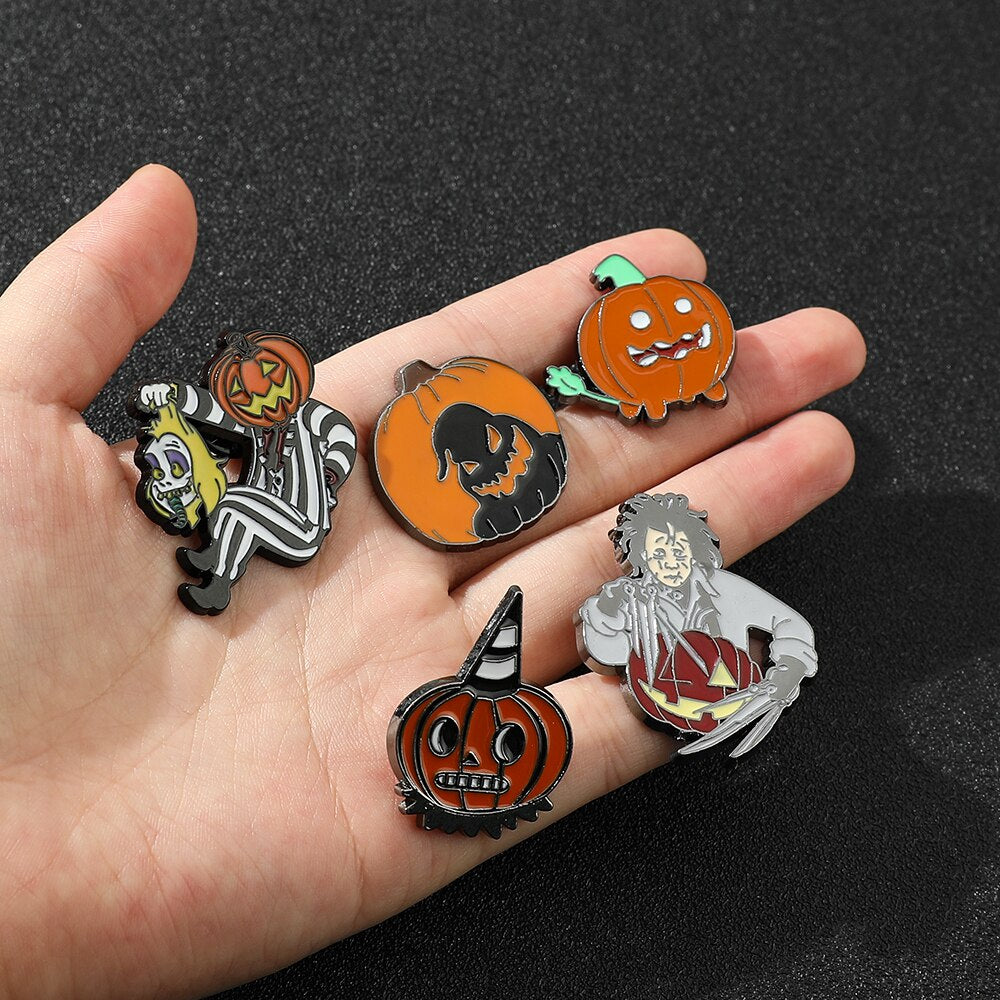 Halloween Enamel Pins Edward Scissor Hands Beetlejuice Pumpkin Head & Classic Pumpkin