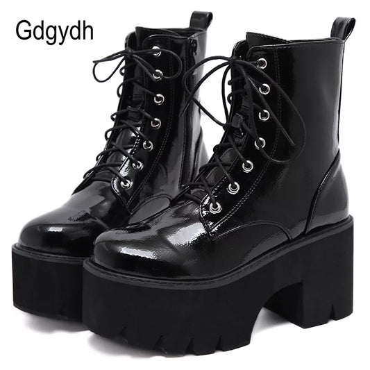 Woman Lace Autumn Boots Womens Ladies Chunky Wedge Platform Black Patent Leather Ankle Boots Punk Goth Shoes Lace Up