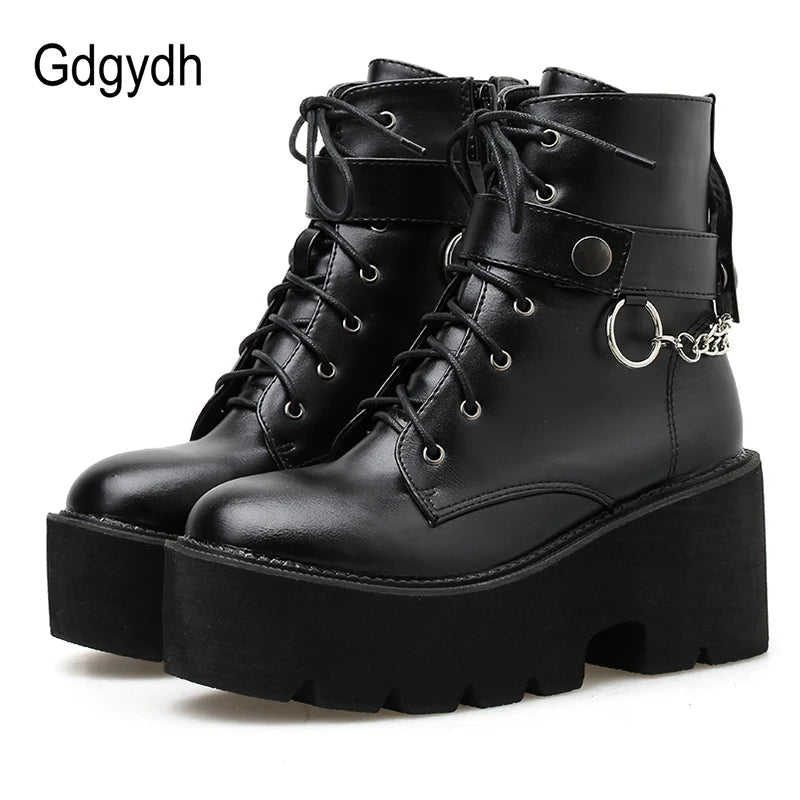 New Chain Women Leather Autumn Boots Block Heel Gothic Black Punk Style Platform Shoes Female Footwear High Quality