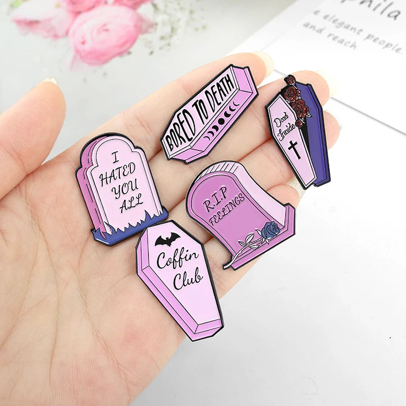 Funny Quote Lapel Pin Gothic Floral Skull Coffin Enamel Pink Gravestone Headstones Badges Vampire Dracula Jewelry