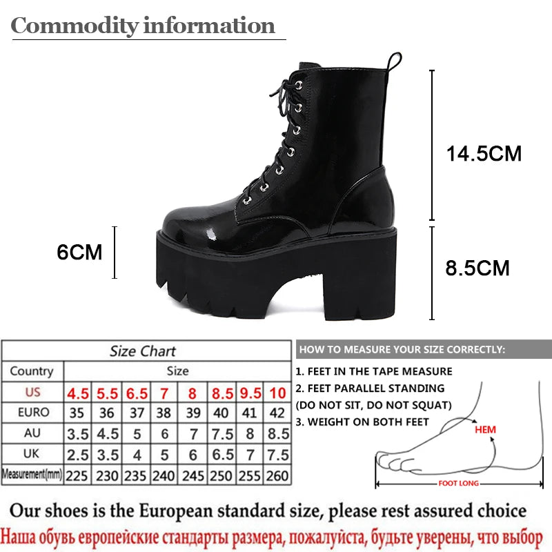 Woman Lace Autumn Boots Womens Ladies Chunky Wedge Platform Black Patent Leather Ankle Boots Punk Goth Shoes Lace Up