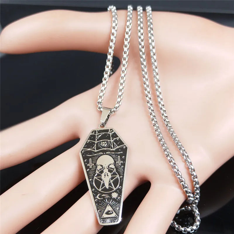 Witchcraft Vulture Coffin Pentagram Inverted Cross Necklace Stainless Steel Crow Head Skull Necklaces Pendants Jewelry N3315