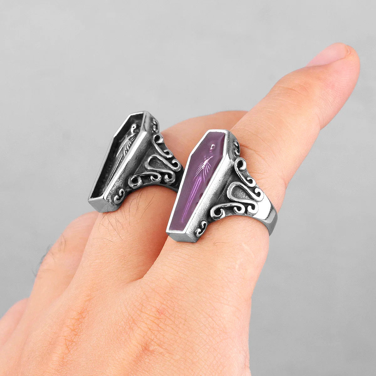 Vampire Coffin Ghost Stainless Steel Mens Rings Gothic Punk Unique Cool for Male Boyfriend Jewelry Creativity Gift Wholesale