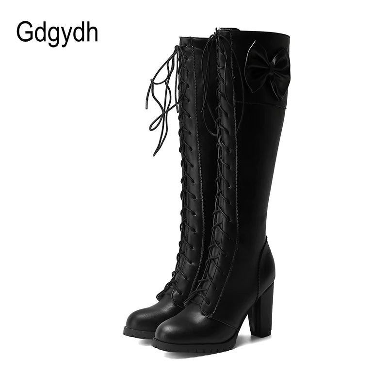 Women Knee-High Motorcycle Boots Thick Heel Platform Bow-knot Female Wedding Boots Plus Size 48 Gothic