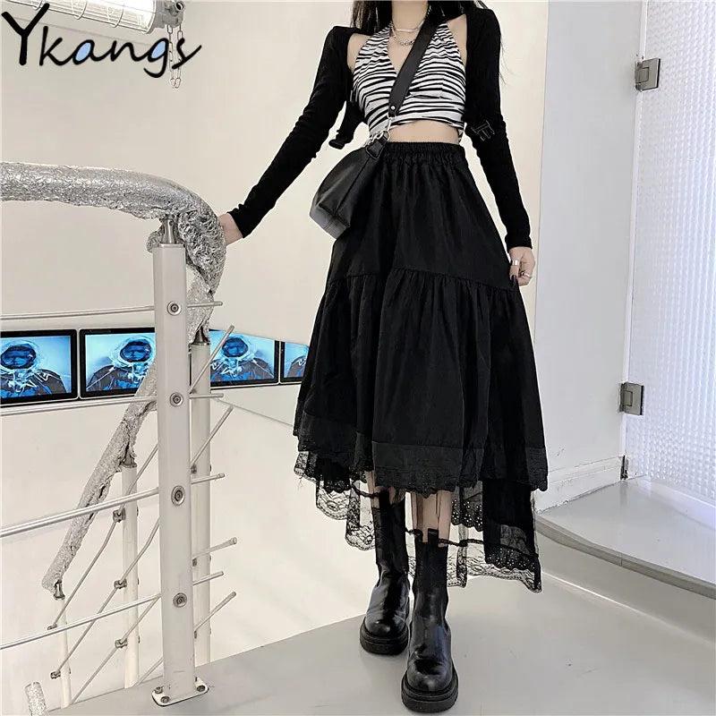 Gothic Tulle Pleated Skirt Black Lace Stitching Irregular Midi Skirt Women Vintage High Waist Long Skirt Korea Solid Hip Hop