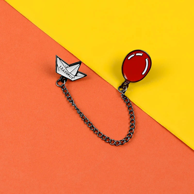 Red Balloon Enamel Brooches With Chain Pin