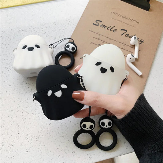 Stylish Cute 3D Ghost Silicone bluetooth Wireless Earphone Case For Apple AirPods 1 2 Protect Cover Skull Pattern Finger Ring