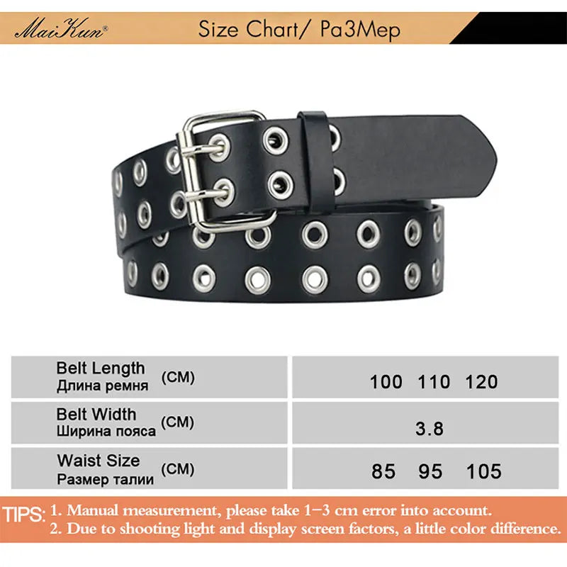 MaiKun Women Punk Goth Belts Brand Leather Women Grunge Belt Halloween Double Pin Buckle Female Belt for Jeans Streetwear