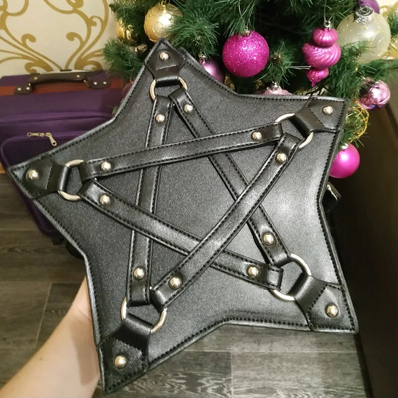 Dark Gothic Pentagram Shoulder Bag Unisex Punk Designer Casual Totes Women Fashion Retro Handbag Gifts Black Leather