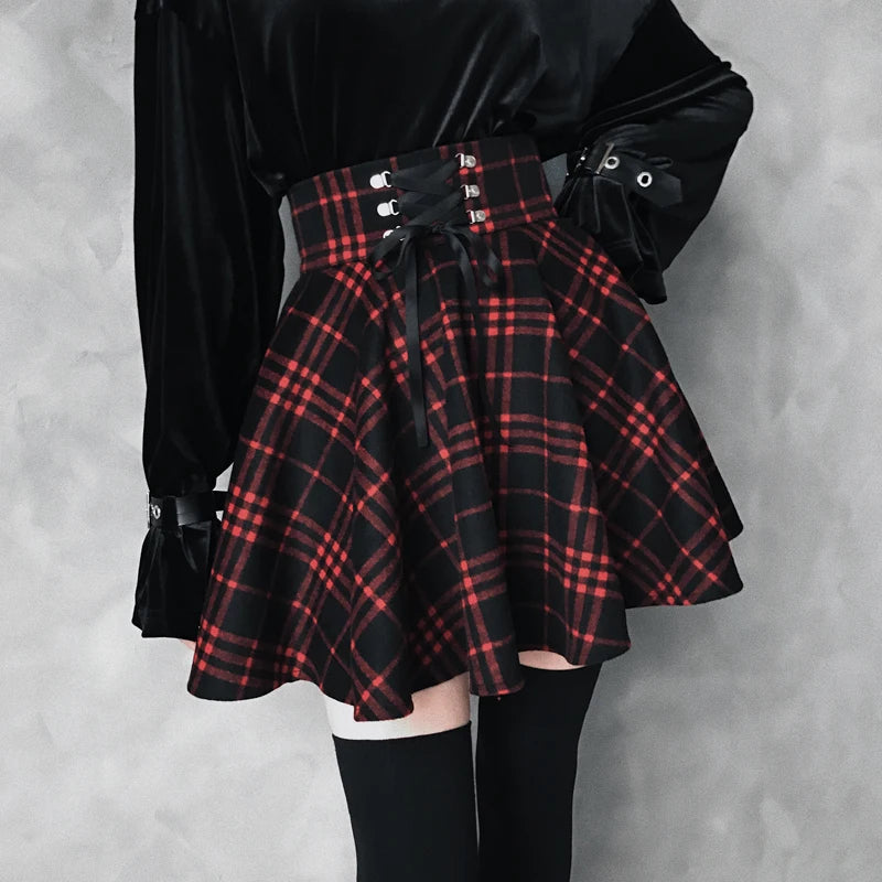 Gothic Lolita Skirt Women 2020 Spring Autumn Winter High Waisted Lace-up Short Plaid Wool Skirts Mini tutu femme