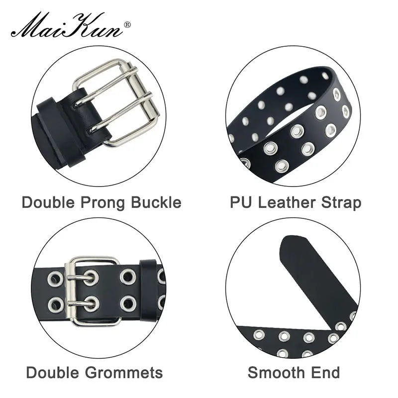 MaiKun Women Punk Goth Belts Brand Leather Women Grunge Belt Halloween Double Pin Buckle Female Belt for Jeans Streetwear