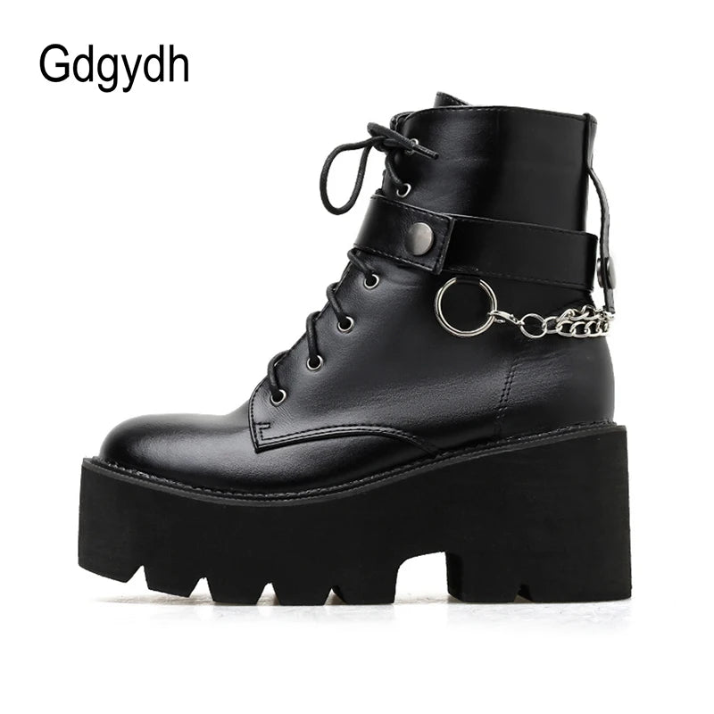 New Chain Women Leather Autumn Boots Block Heel Gothic Black Punk Style Platform Shoes Female Footwear High Quality