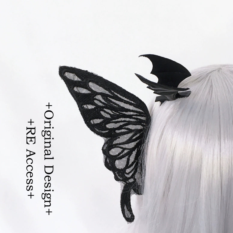 Re Dark Goth Witch Big Bowknot Barrettes Demon Three-Dimensional Bat Wings a Pair of Hairclips Lolita Hair Accessories