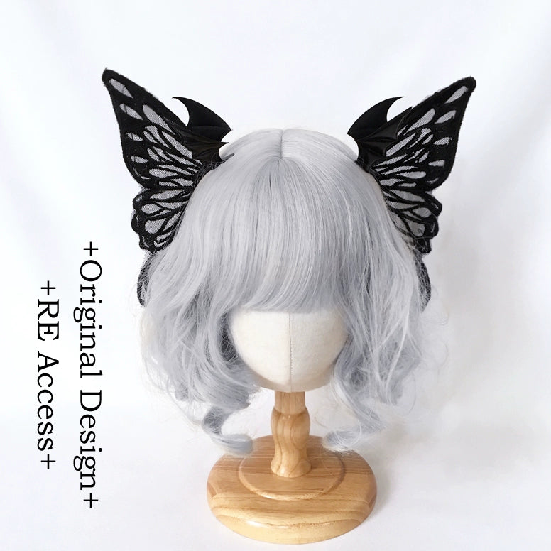 Re Dark Goth Witch Big Bowknot Barrettes Demon Three-Dimensional Bat Wings a Pair of Hairclips Lolita Hair Accessories