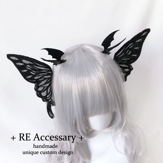 Re Dark Goth Witch Big Bowknot Barrettes Demon Three-Dimensional Bat Wings a Pair of Hairclips Lolita Hair Accessories