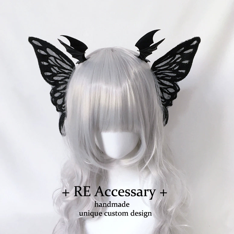 Re Dark Goth Witch Big Bowknot Barrettes Demon Three-Dimensional Bat Wings a Pair of Hairclips Lolita Hair Accessories