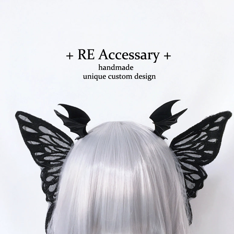 Re Dark Goth Witch Big Bowknot Barrettes Demon Three-Dimensional Bat Wings a Pair of Hairclips Lolita Hair Accessories