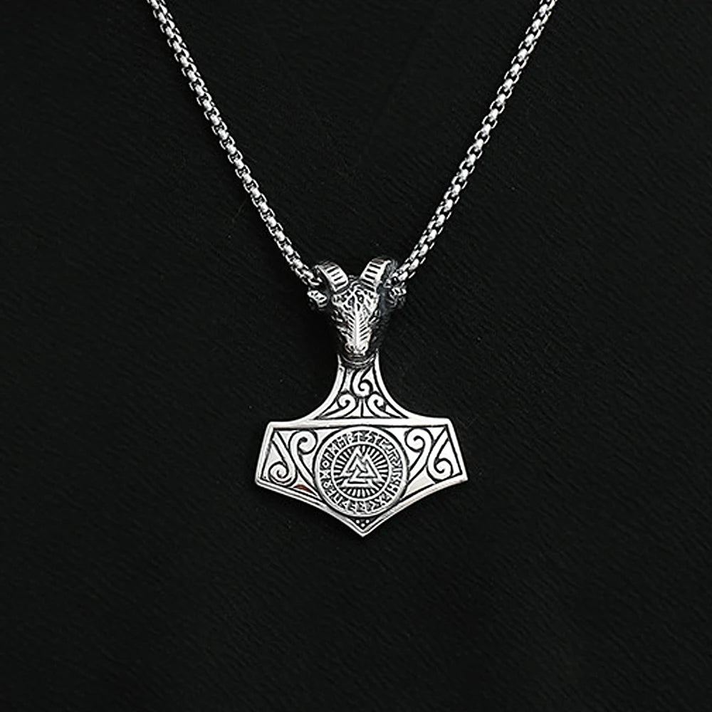 Viking Goat Head Odin Thor's Hammer Pendant Stainless Steel Creative Compass Necklace Amulet Jewelry Wholesale