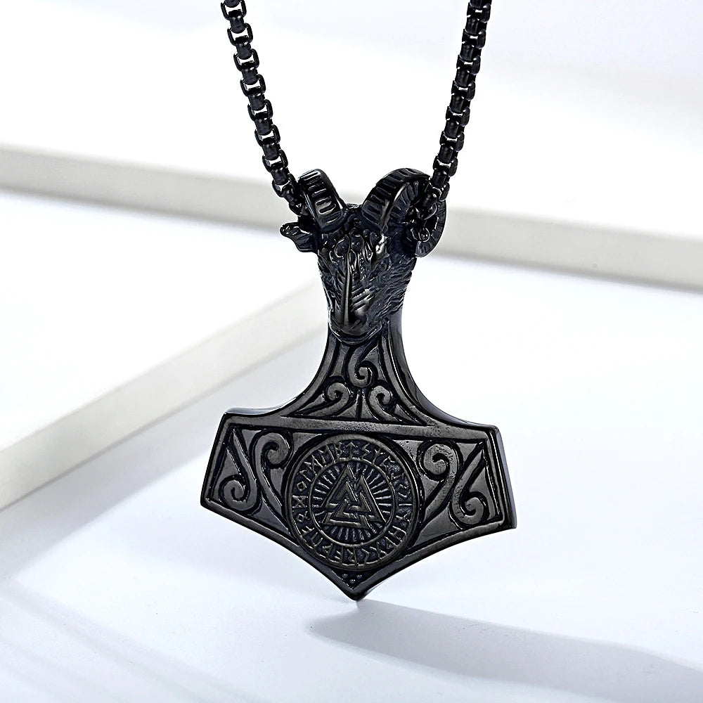 Viking Goat Head Odin Thor's Hammer Pendant Stainless Steel Creative Compass Necklace Amulet Jewelry Wholesale