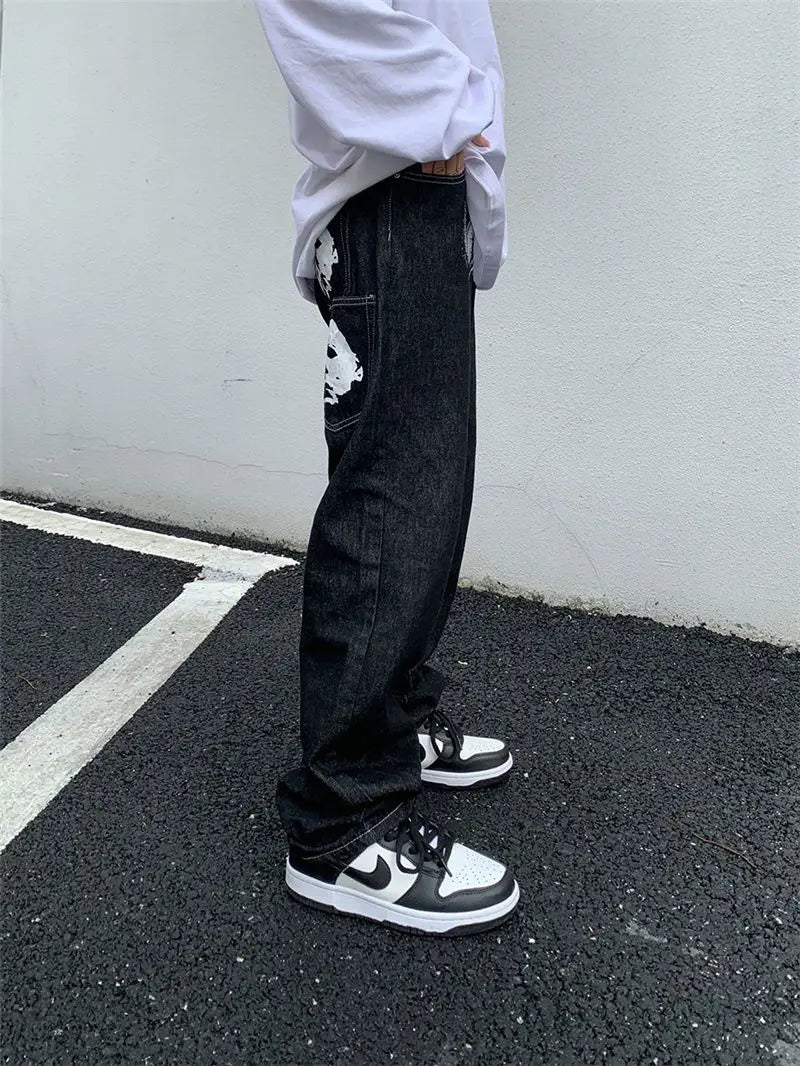 Emo Men Black Streetwear Hip Hop Skull Gothic Straight Wide Leg Cargo Pants Y2K Alt Harajuku Baggy Low Rise Jeans y2k grunge