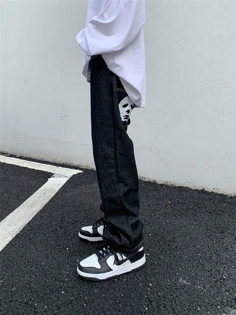 Emo Men Black Streetwear Hip Hop Skull Gothic Straight Wide Leg Cargo Pants Y2K Alt Harajuku Baggy Low Rise Jeans y2k grunge