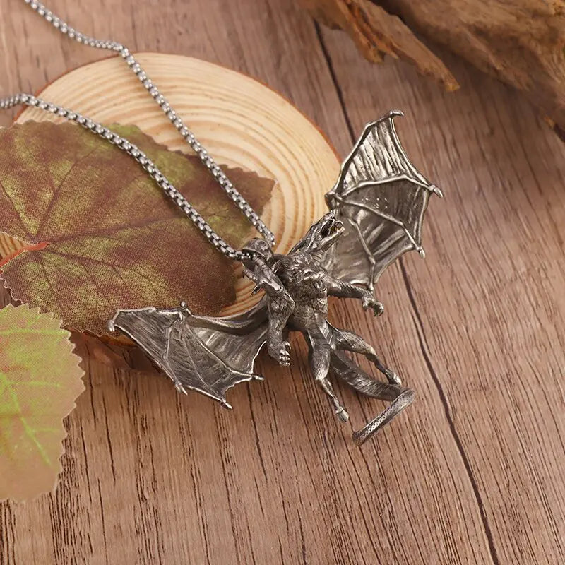 Personalized Goat Head and Dragon Head Inlaid Bat Wings Sky Wolf Pendant Necklace for Men and Women Dominant Metal Wolf