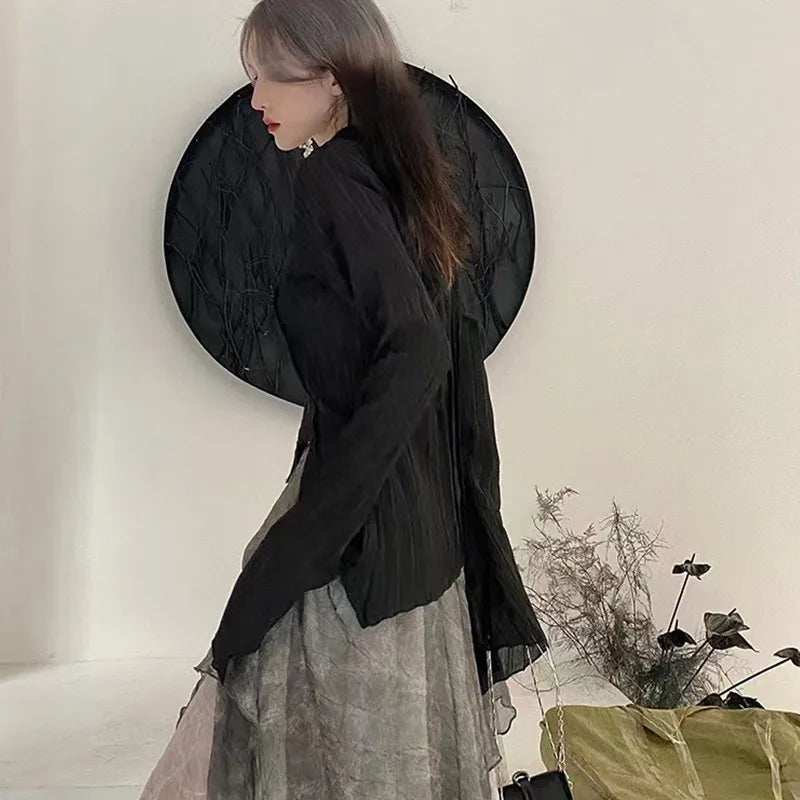 Karrram Gothic Black Shirt Yamamoto Style Dark Aesthetic Blouse Women Irregular Designer Clothes Emo Alt Clothes Grunge Tops Y2k