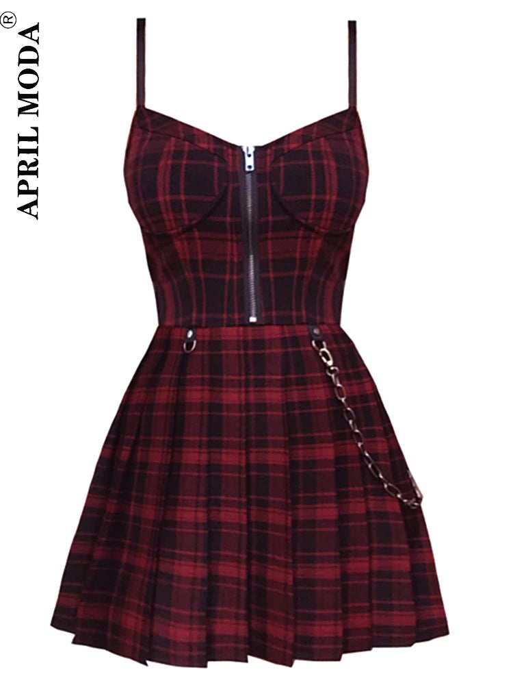 Gothic Girls Red Plaid Pleated Emo Alt Dress Y2K Zip Up Robe Femme Punk Black Spaghetti Strap Mini Short Jurken Goth Streetwear