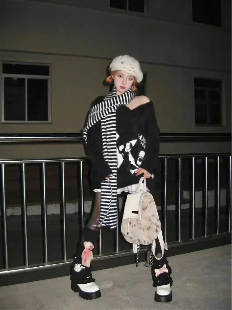 Black Gothic Skull Sweater Cyber Y2k Grunge Fairy Core Knitwear Striped Scarf Punk Mohair Pullover Women Emo Alt Knitted Jumper