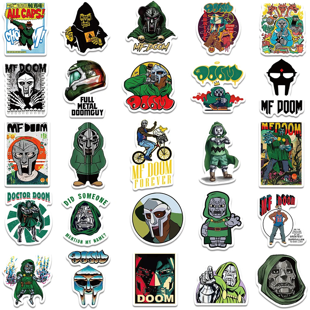 50pcs Hip Hop American Singer Mf Doom Stickers Funny Cool Decals For Laptop Luggage Guitar Skateboard Phone Scrapbook Sticker