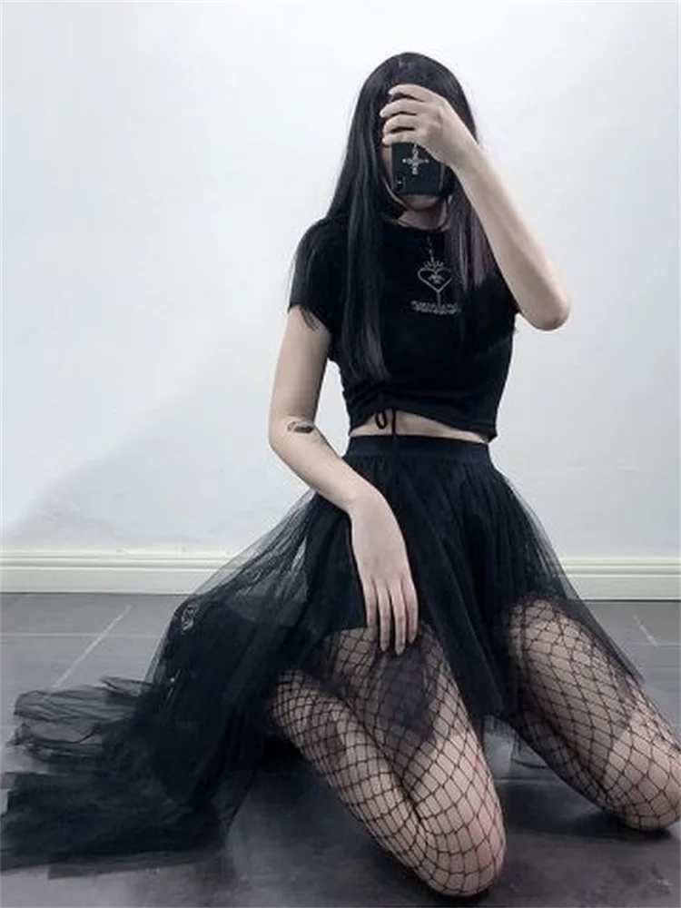 Gothic Black Mesh Long Mini Skirt Women Multilayer Irregular Dark Aesthetic Fairy Grunge Midi Skirts Punk Emo Alt Korean Fashion