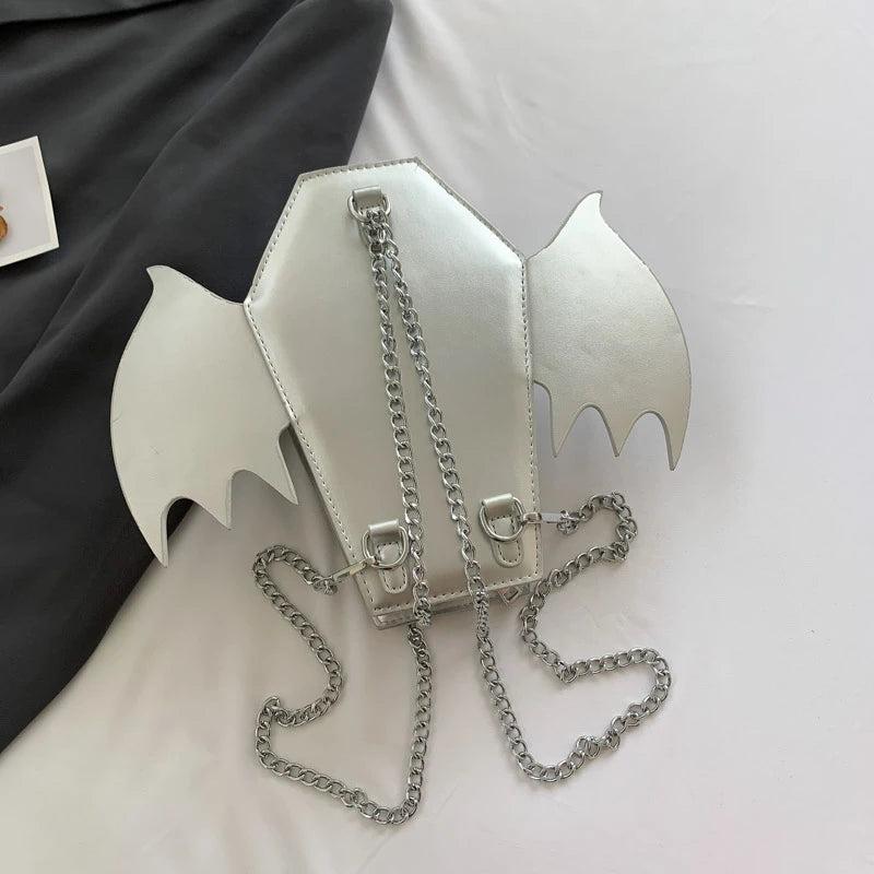 Coffin Shape Black Crossbody Bag Girls Gothic Halloween Chain Shoulder Bag Women Phone Tote Purse Casual Backpack With Bat Wings