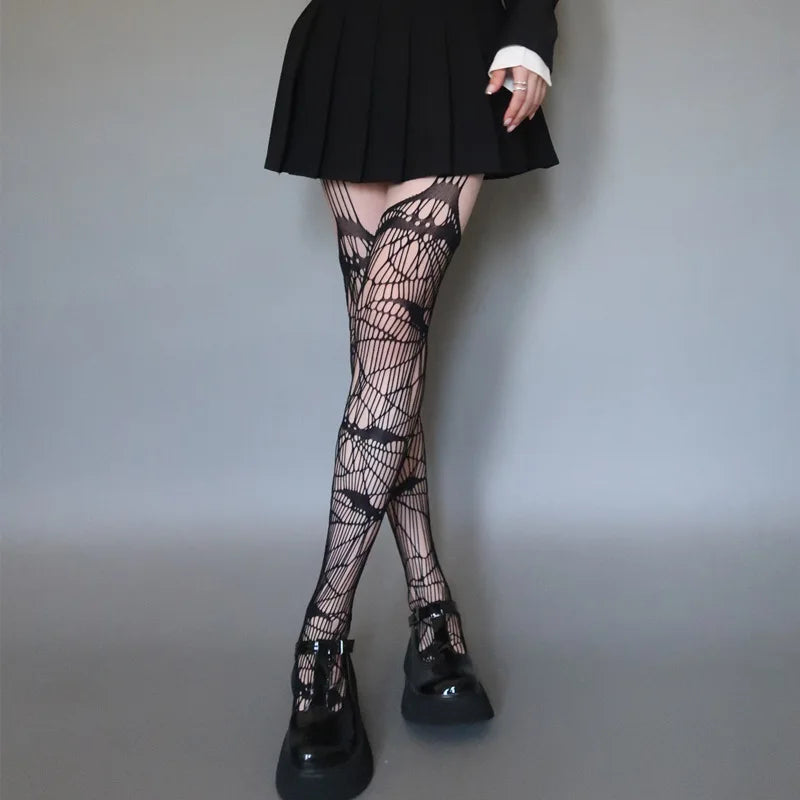 Gothic Bat Pattern Long Sexy Fishnet Stockings Punk Women Harajuku Emo Alternative Mesh Tights Skin Thigh High Garters Hosiery