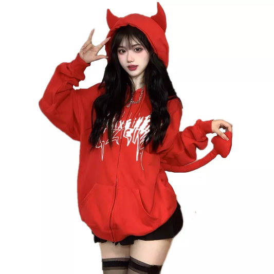 Harajuku Hoodies Women Gothic Punk Devil Horn Hooded Sweatshirt Halloween Couple Matching Detachable Tail Zip-Up Outwear