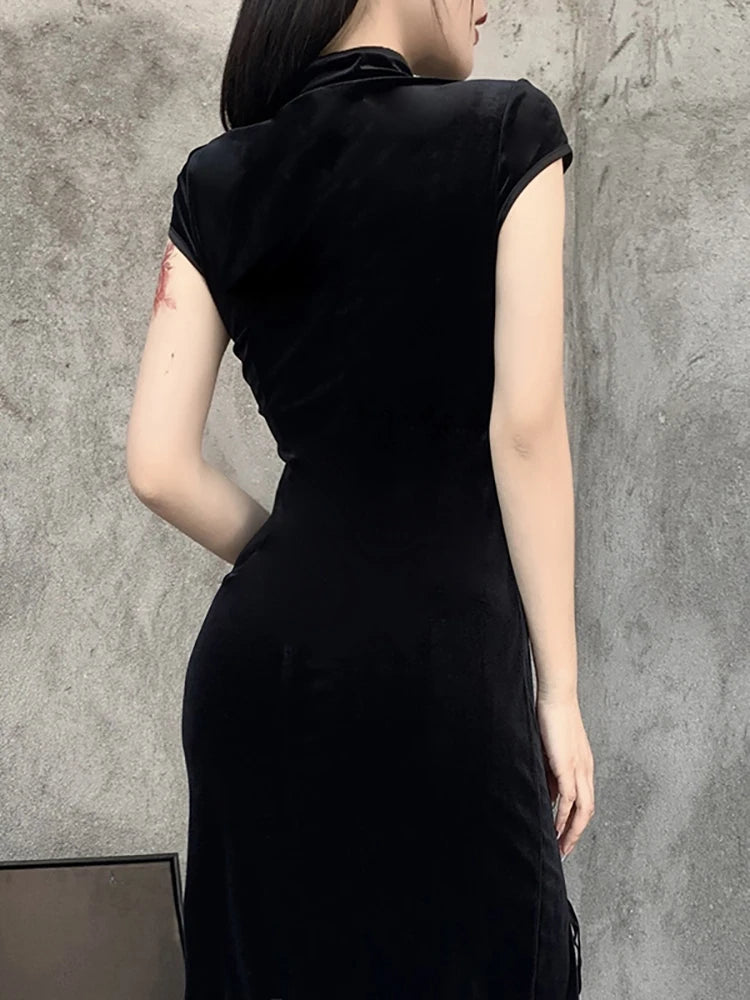 Goth Dark Romantic Gothic Velvet Aesthetic Dresses Vintage Women Black Bandage SlitHem Bodycon Dress Sexy Evening Wear Cheongsam