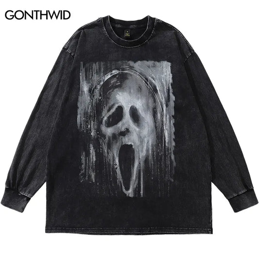 Ghost Graphic Print Cotton Distressed Wash T-Shirt Men Harajuku Casual Punk Gothic Shirts