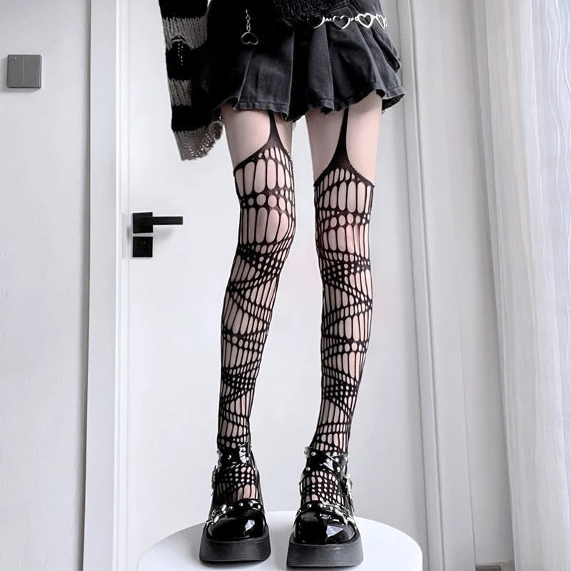 Sexy Spider Web Stockings Women Thigh High Fishnet Mesh Tights Pantyhose Gothic Lolita Legging Dark Spider Hollow Out Long Socks