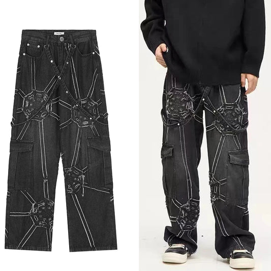 Harajuku retro tooling function black loose jeans men's 2K street clothing goth punk oversized straight pants women's wide legs