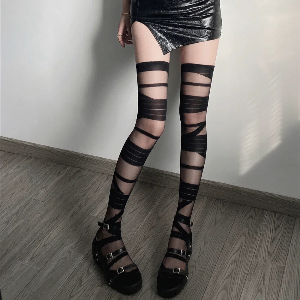 Women  Lolita Stockings Sexy Transparent Gothic White Black Socks Thigh High Long Stockings Y2k Girls Thigh Socks Stockings