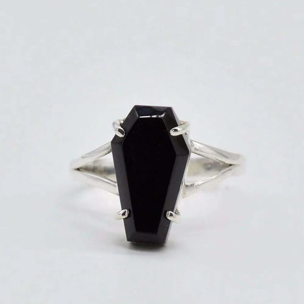 Vintage Vampire Halloween Punk Gothic Black Imitation Zirconium Coffin Rings for Women Hip Hop Rings Party Jewelry Gifts