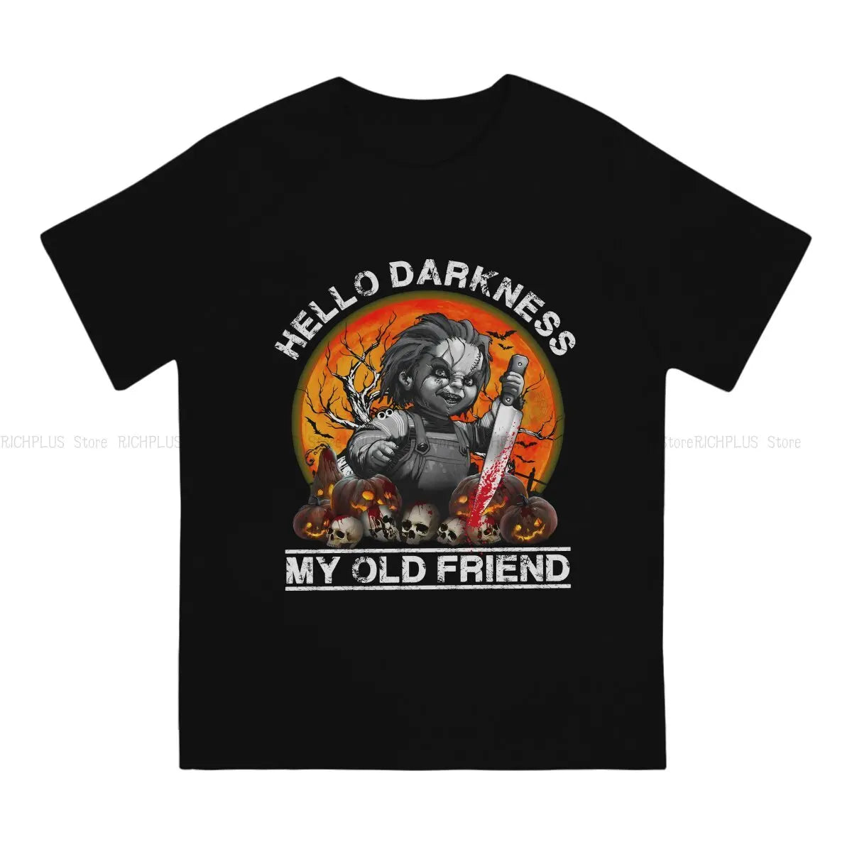 Hello Darkness My Old Friend Halloween TShirt For Male Child's Play Chucky Horror Film Clothing Style Polyester T Shirt Soft