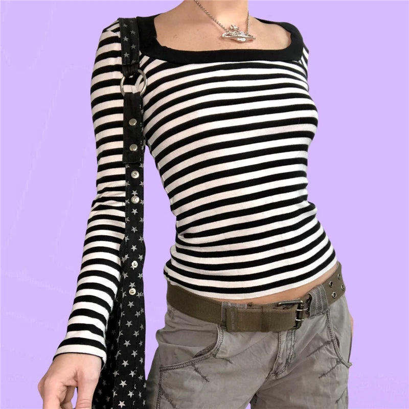 Dourbesty Cute Grunge Aesthetic Striped T-Shirts Harajuku Slim Spring Tee Preppy Style Streetwear Alt Emo Academia Tops Outfits