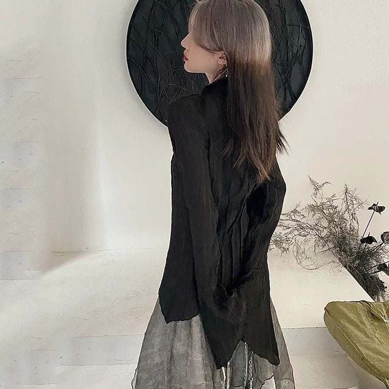 Karrram Gothic Black Shirt Yamamoto Style Dark Aesthetic Blouse Women Irregular Designer Clothes Emo Alt Clothes Grunge Tops Y2k