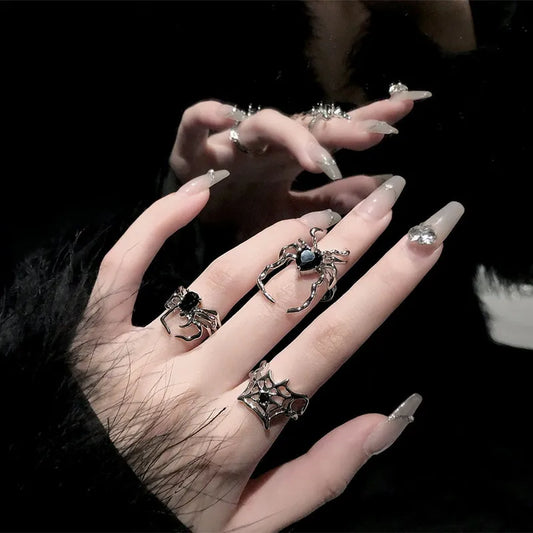 Gothic Punk Irregular Spider Webs Zircon Opening Ring Women Black Crystal Dark Animal Rings Hip Hop Fashion Party Finger Jewelry